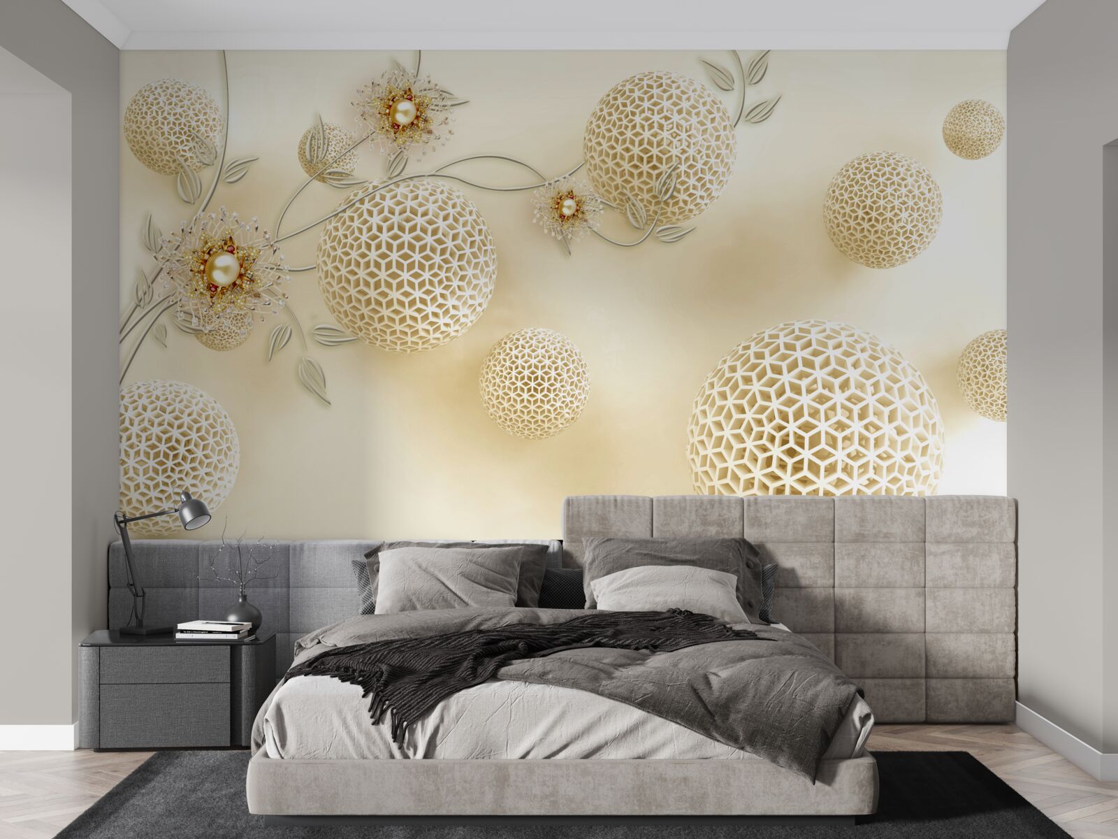 Fotobehang textuurballen zwevend in de lucht en witte bloemen