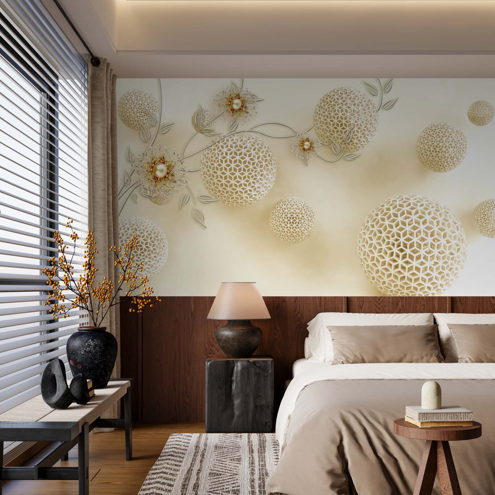 Fotobehang textuurballen zwevend in de lucht en witte bloemen