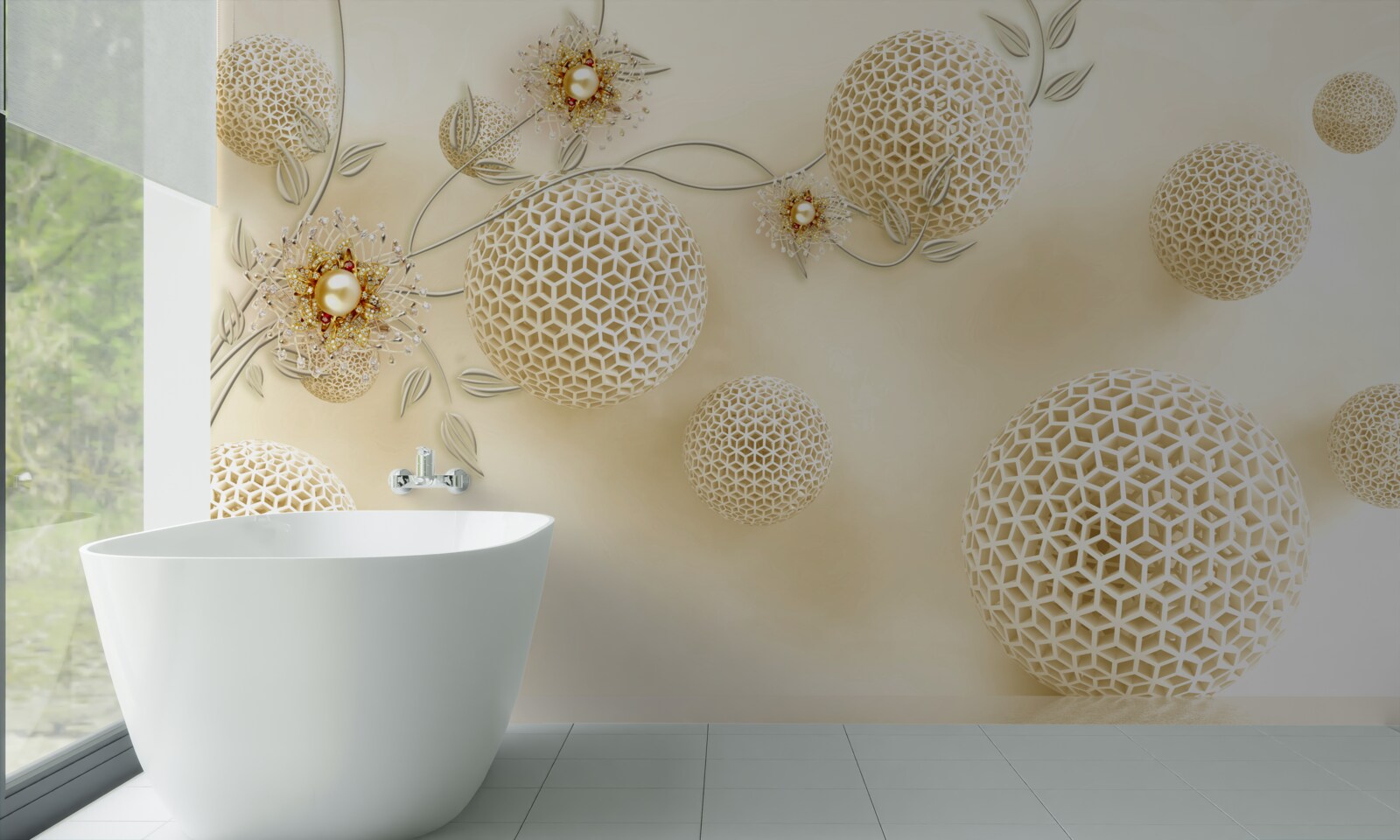 Fotobehang textuurballen zwevend in de lucht en witte bloemen