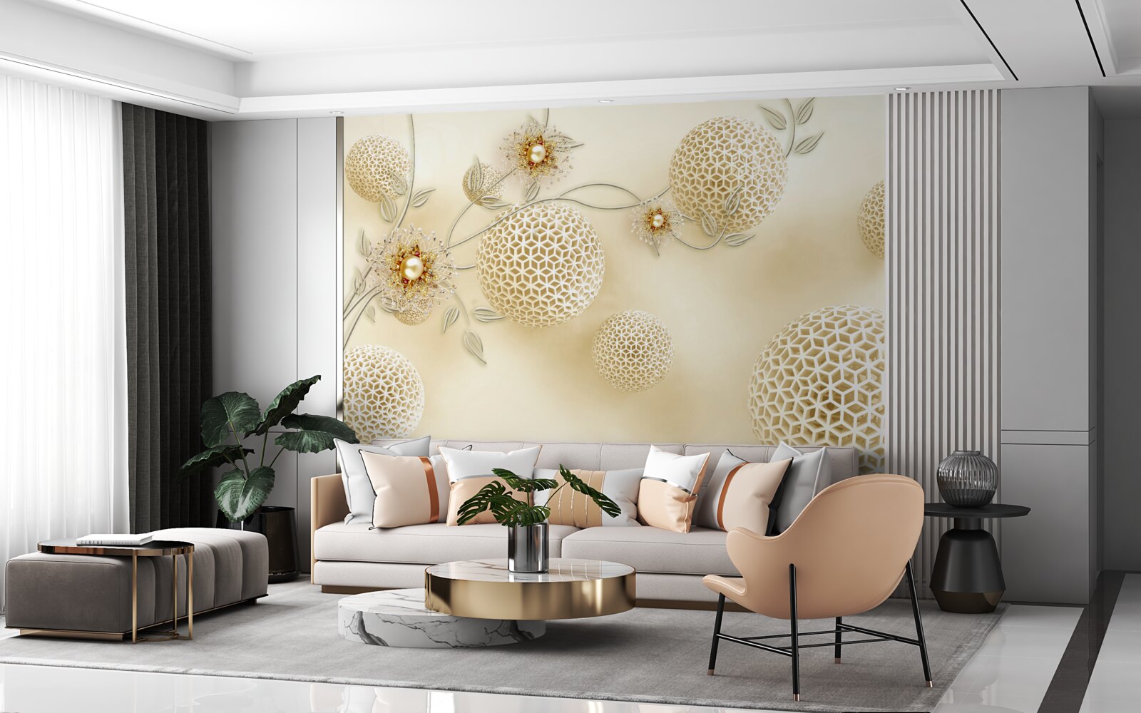 Fotobehang textuurballen zwevend in de lucht en witte bloemen