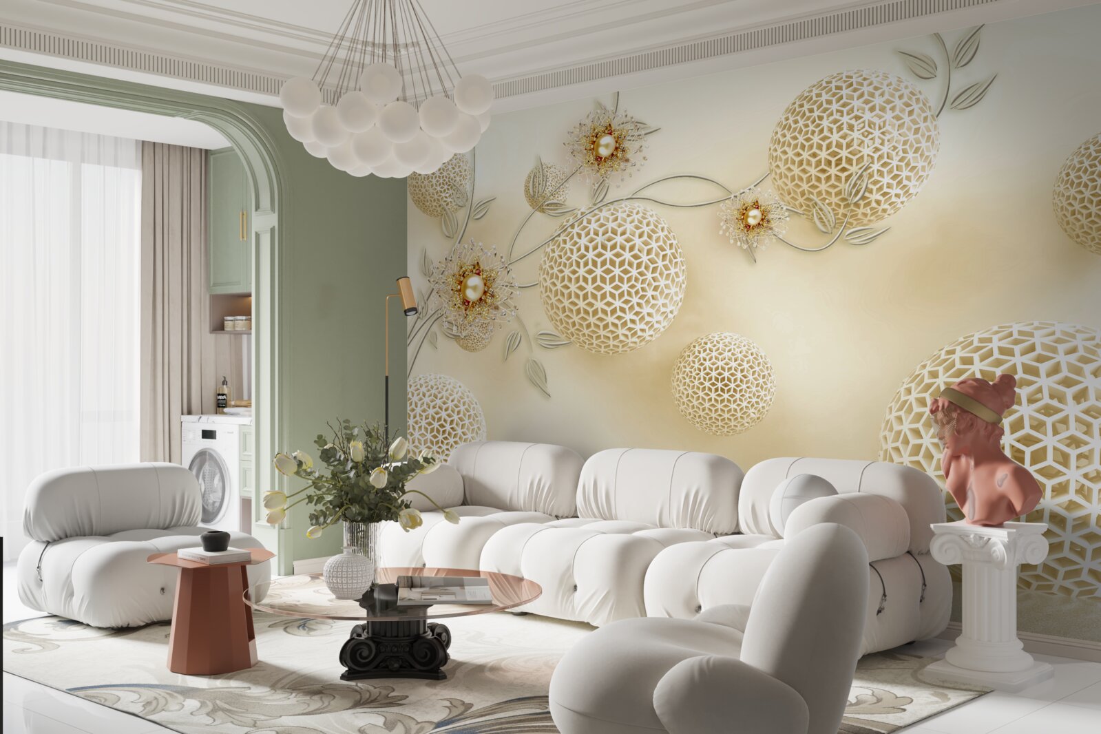 Fotobehang textuurballen zwevend in de lucht en witte bloemen