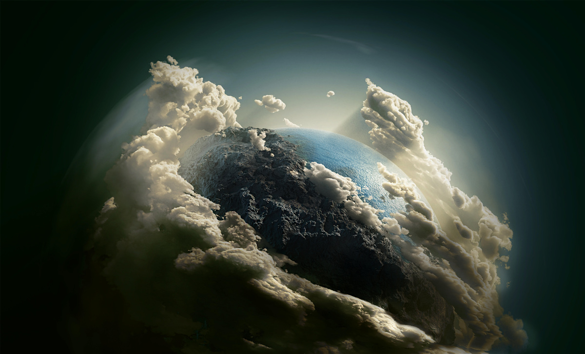 Fotobehang de grond breekt door het wolkendek