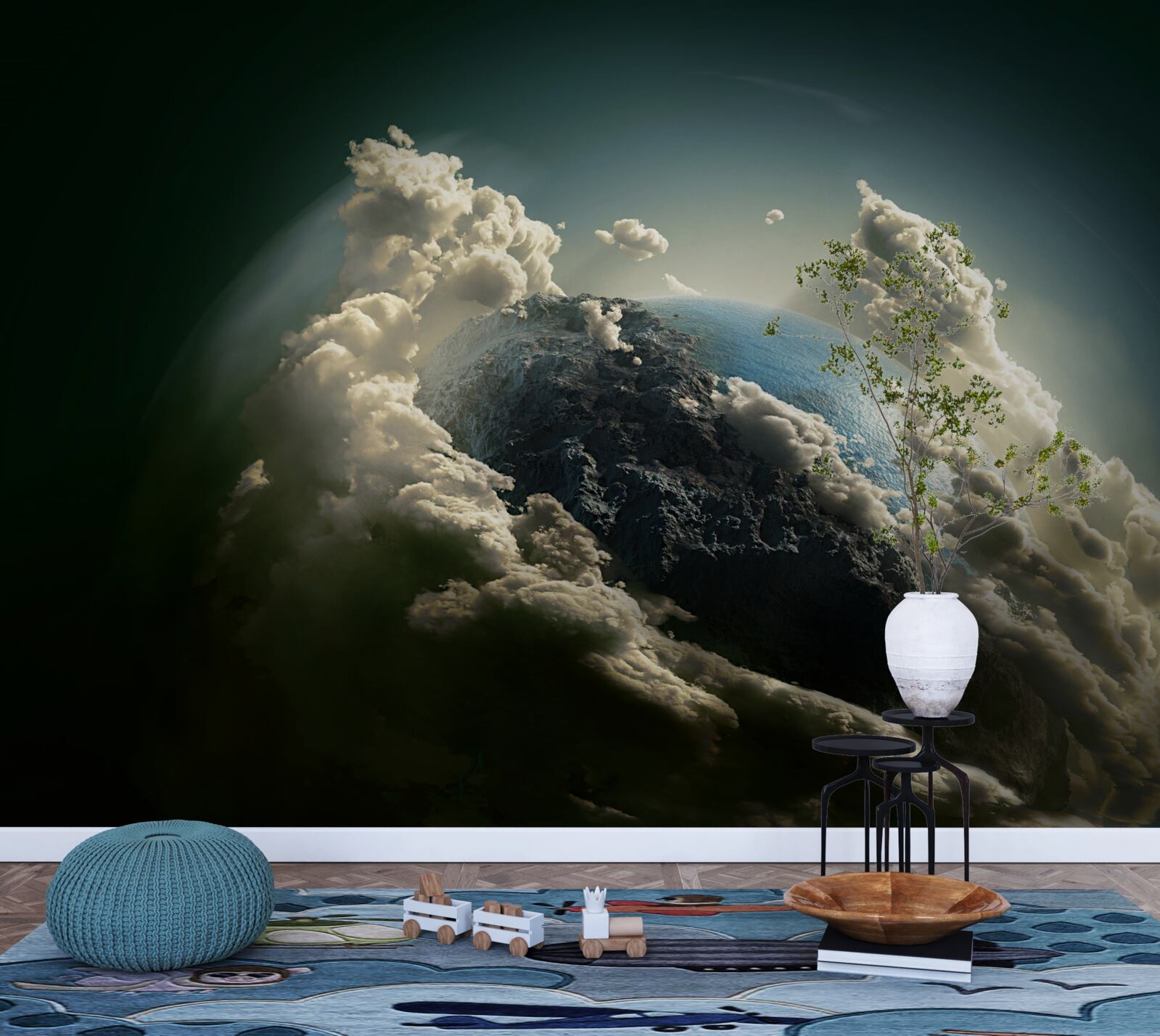 Fotobehang de grond breekt door het wolkendek