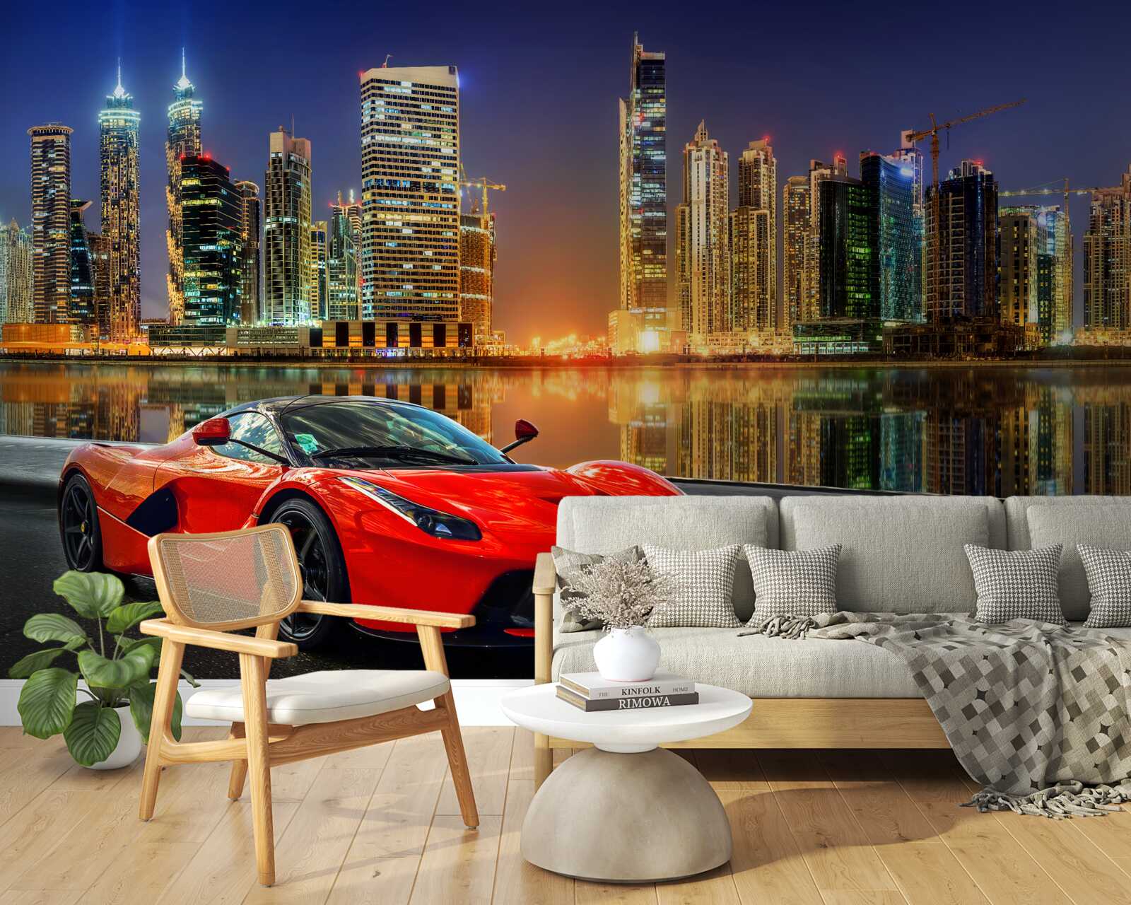 Fotobehang sportwagen met een nachtelijk stadslandschap op de achtergrond