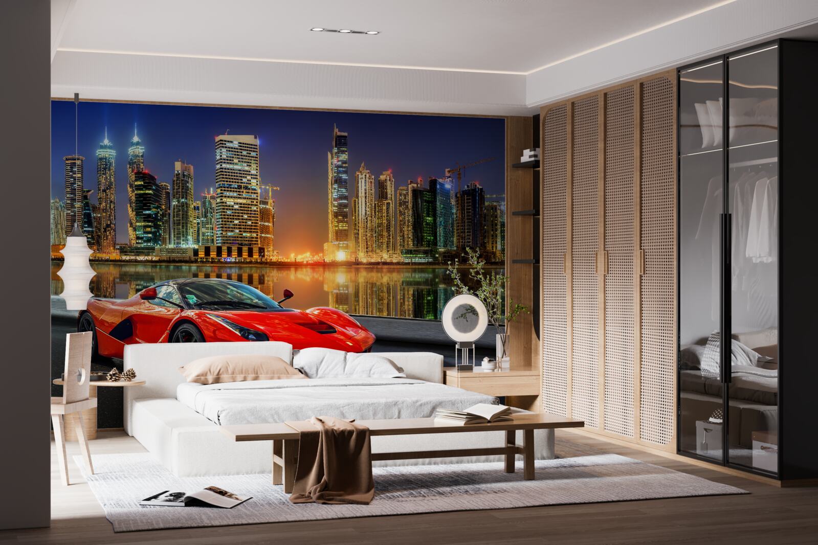 Fotobehang sportwagen met een nachtelijk stadslandschap op de achtergrond