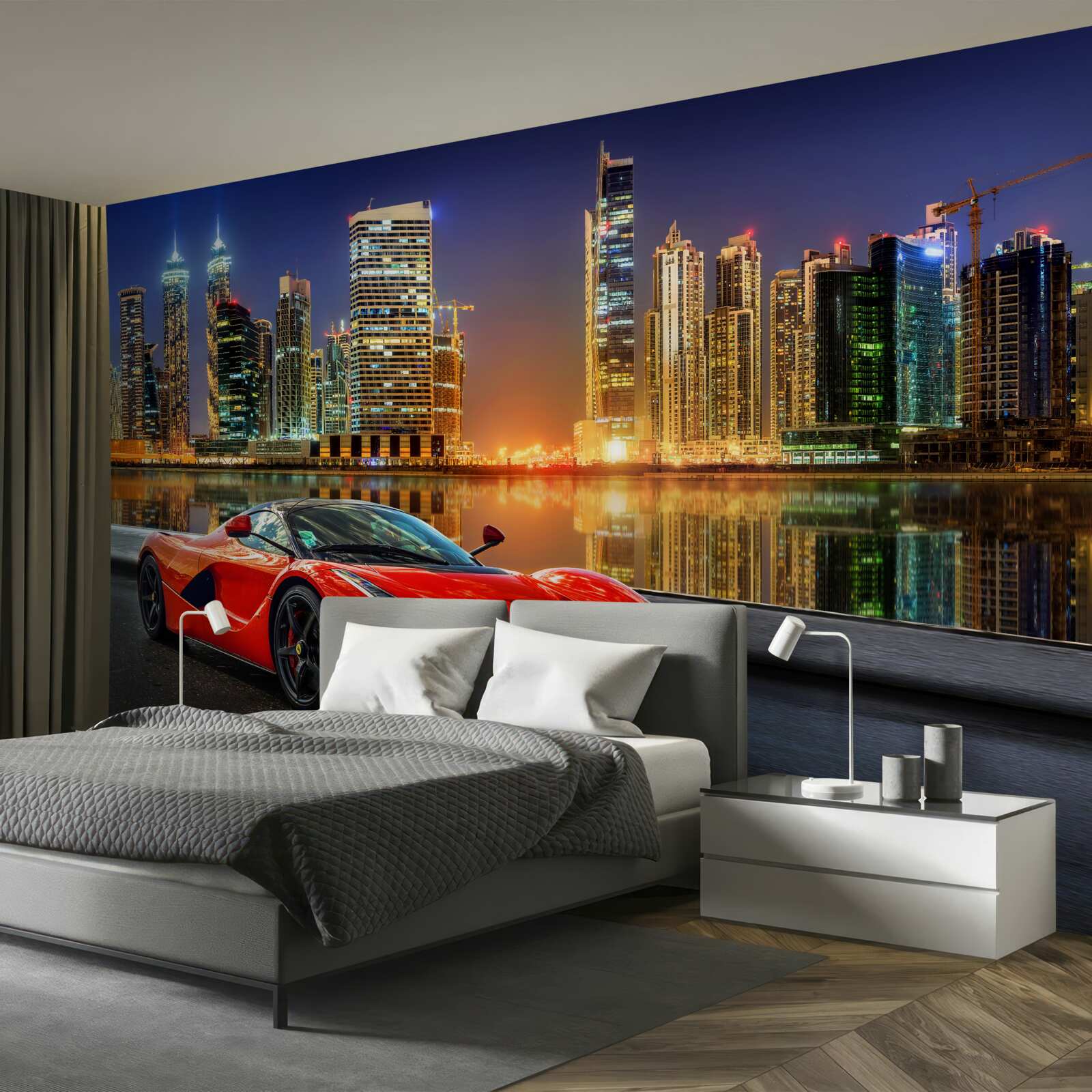 Fotobehang sportwagen met een nachtelijk stadslandschap op de achtergrond