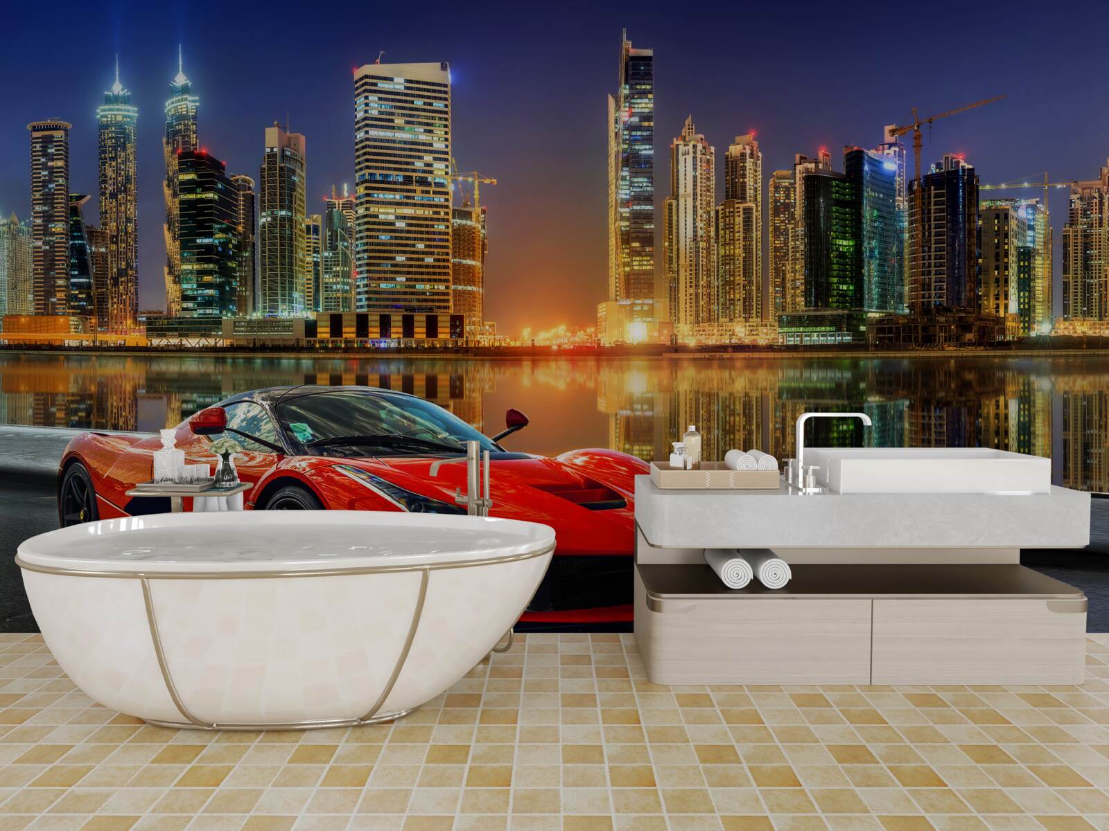 Fotobehang sportwagen met een nachtelijk stadslandschap op de achtergrond