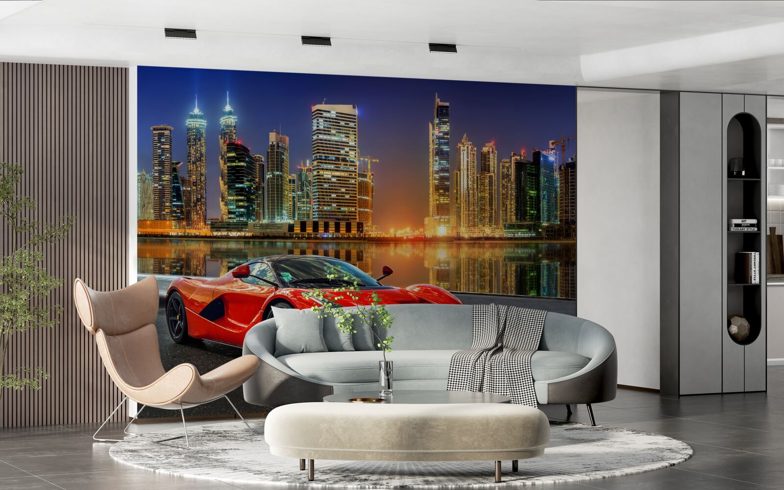 Fotobehang sportwagen met een nachtelijk stadslandschap op de achtergrond