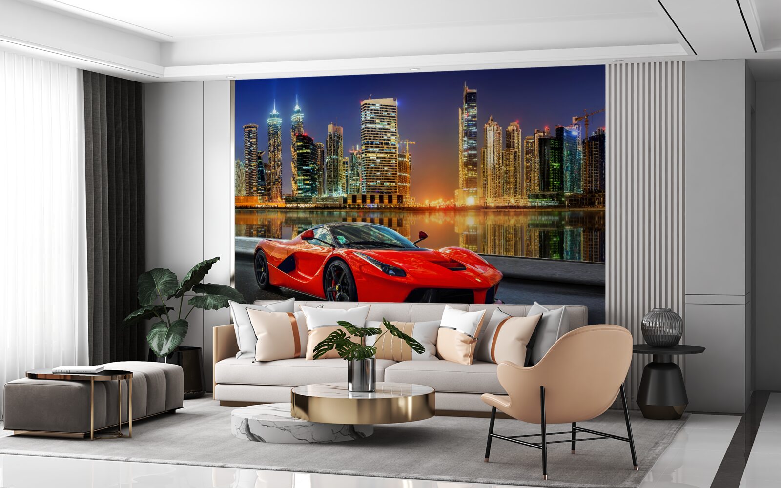 Fotobehang sportwagen met een nachtelijk stadslandschap op de achtergrond