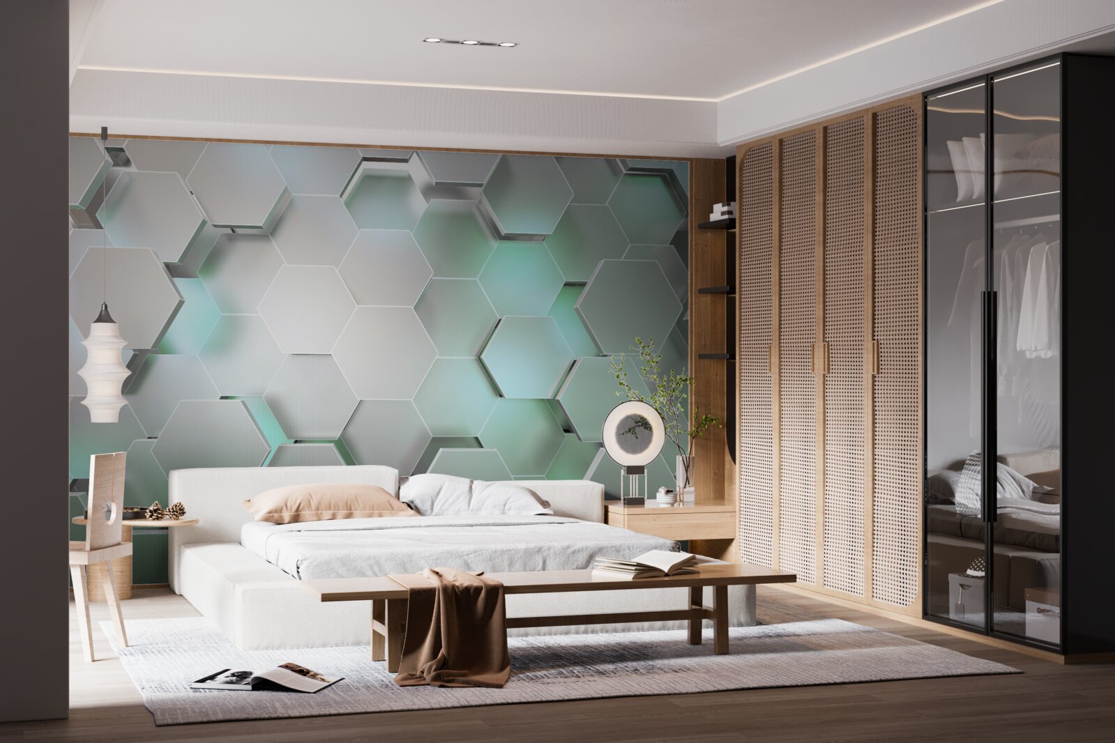 Fotobehang zeshoekige cellen met lichteffect