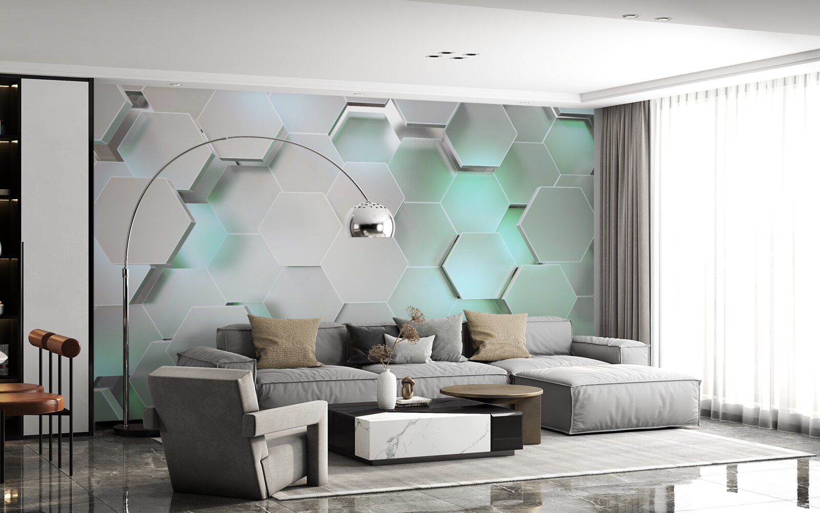 Fotobehang zeshoekige cellen met lichteffect