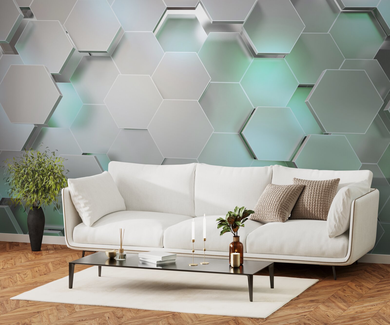 Fotobehang zeshoekige cellen met lichteffect