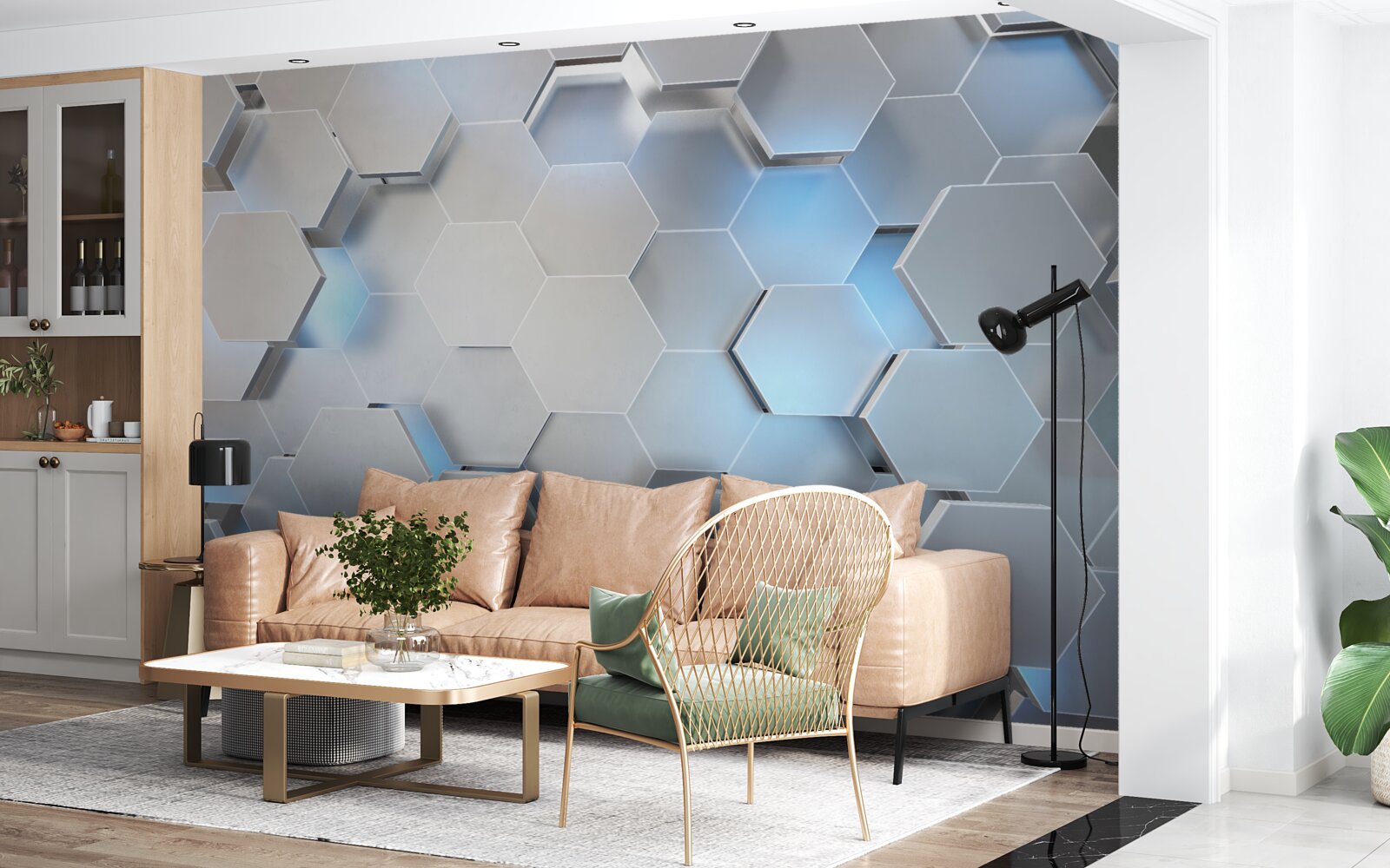 Fotobehang grijze zeshoeken met blauw accent