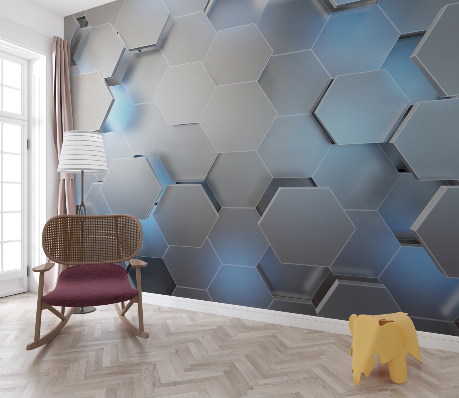 Fotobehang grijze zeshoeken met blauw accent