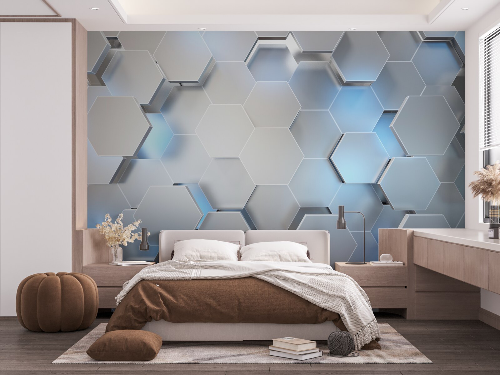 Fotobehang grijze zeshoeken met blauw accent