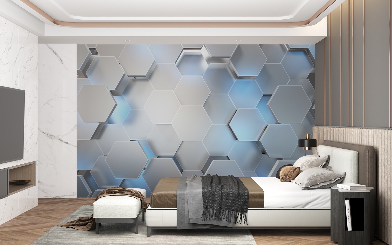 Fotobehang grijze zeshoeken met blauw accent