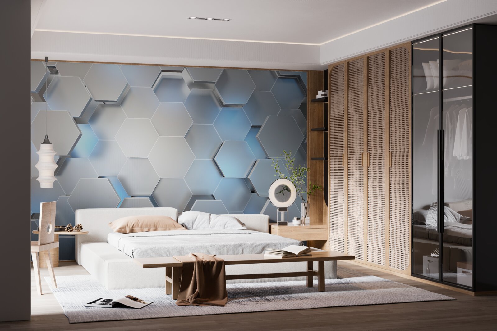 Fotobehang grijze zeshoeken met blauw accent