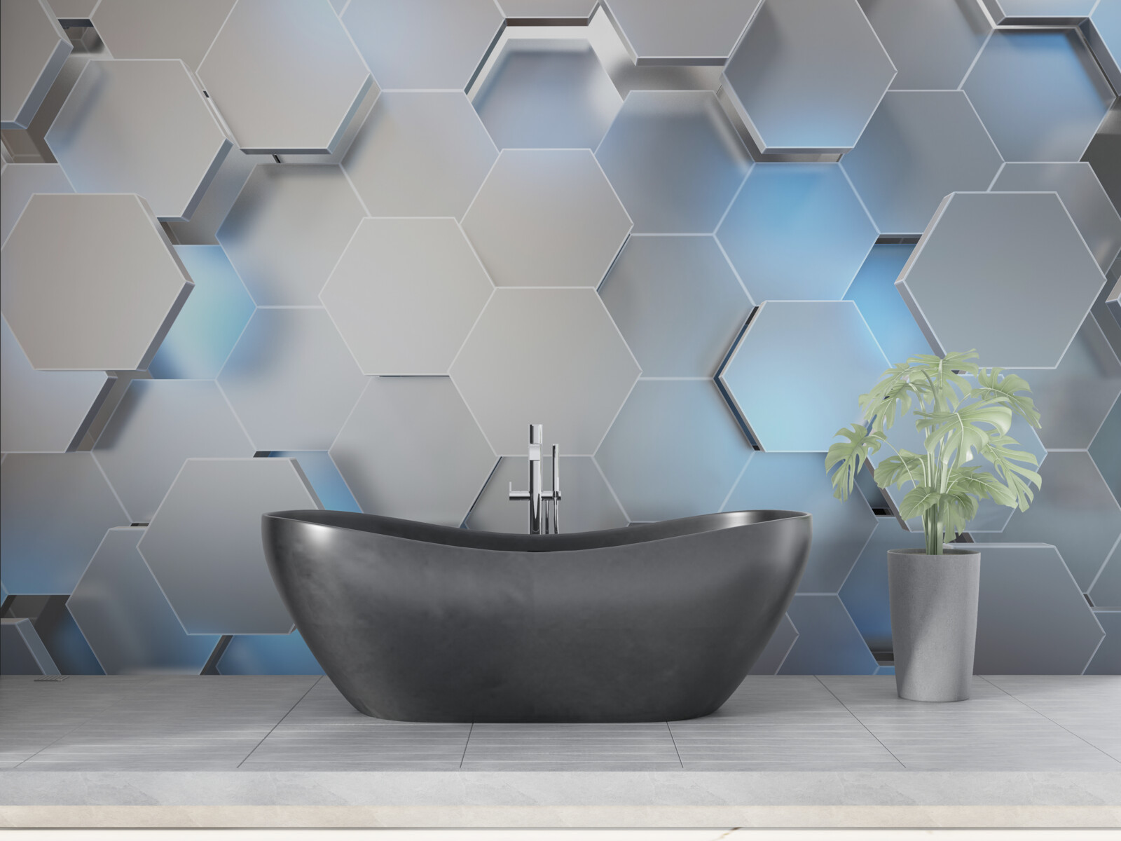 Fotobehang grijze zeshoeken met blauw accent