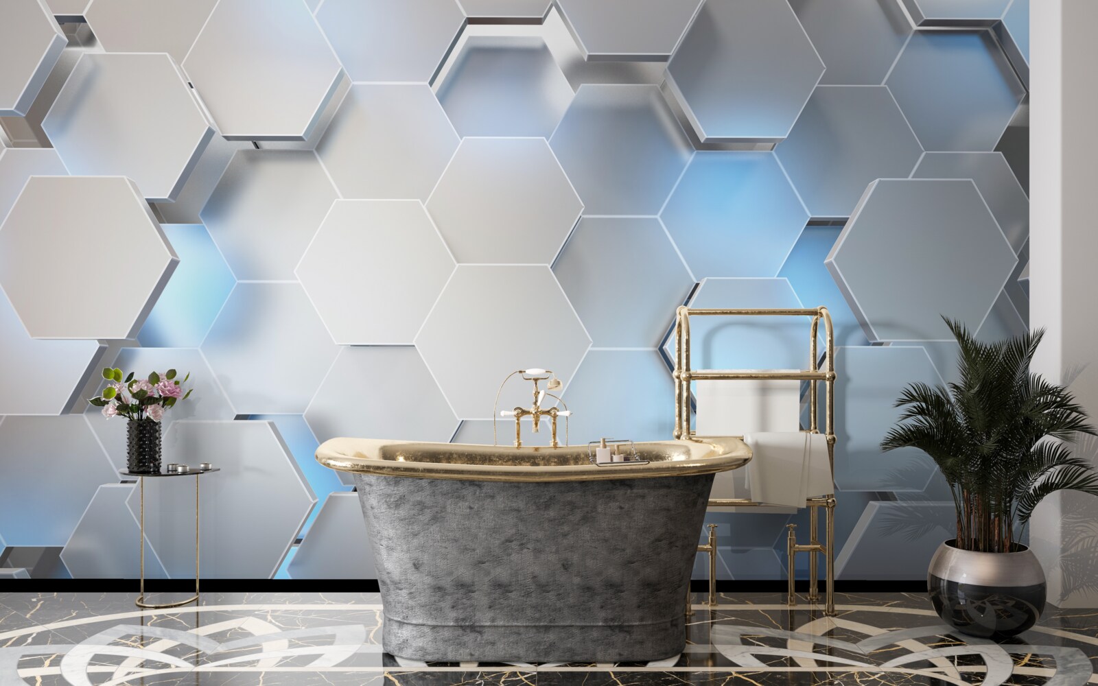 Fotobehang grijze zeshoeken met blauw accent