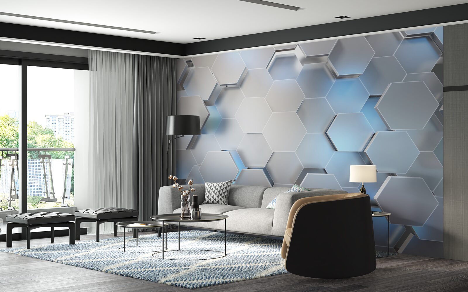 Fotobehang grijze zeshoeken met blauw accent