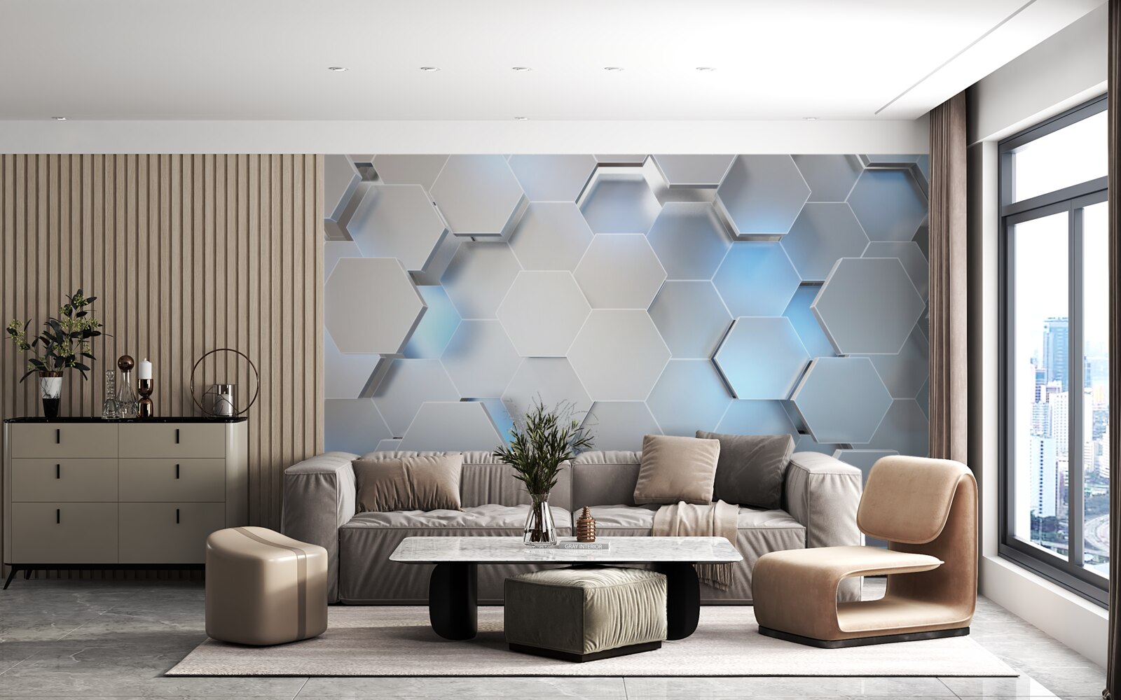 Fotobehang grijze zeshoeken met blauw accent