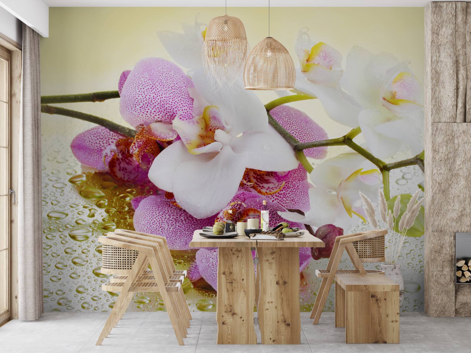 Fotobehang druppels op de takken van prachtige orchideeën