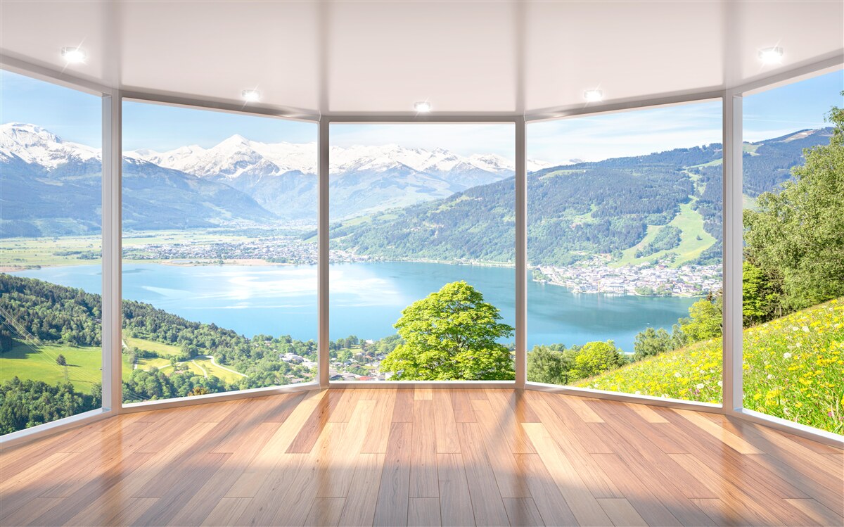Fotobehang uitzicht op de bergen vanaf het terras