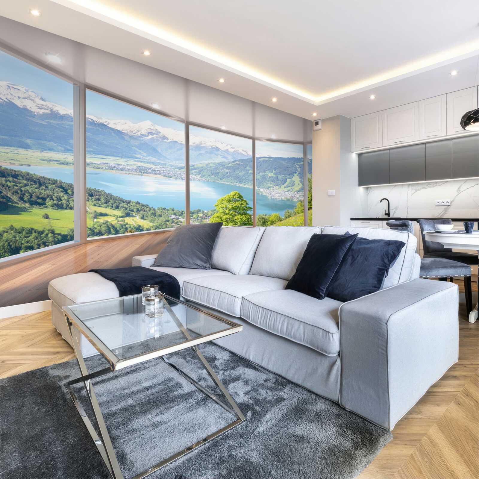 Fotobehang uitzicht op de bergen vanaf het terras