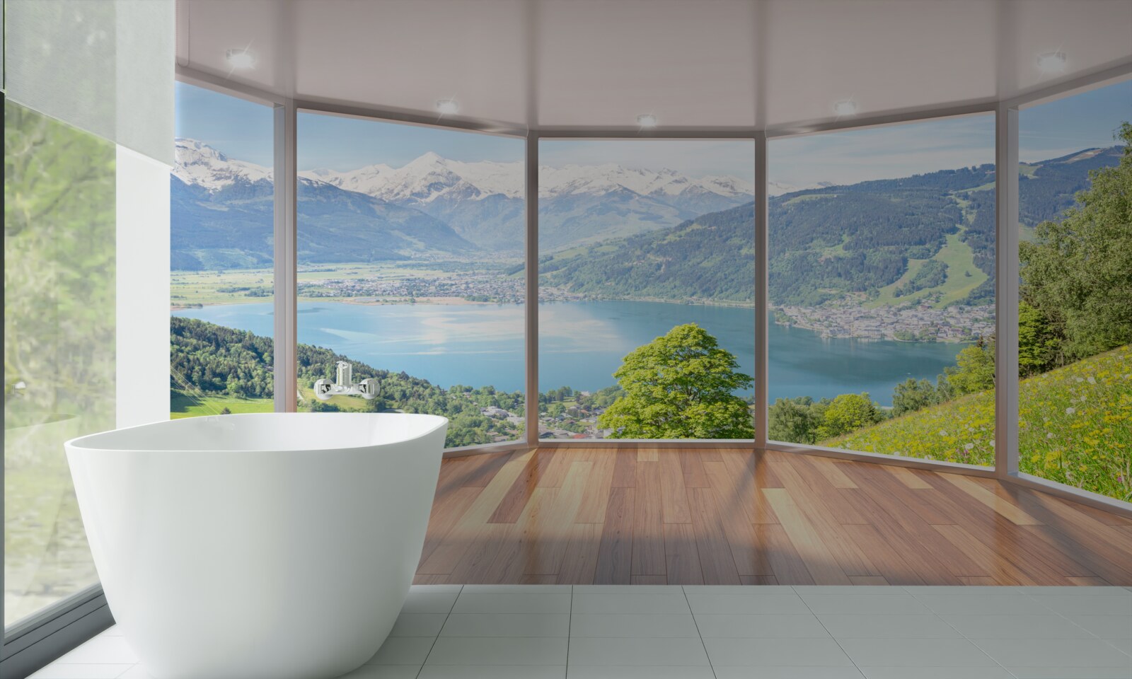 Fotobehang uitzicht op de bergen vanaf het terras