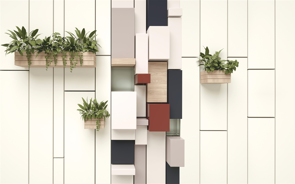 Fotobehang potten met groene planten aan de muur