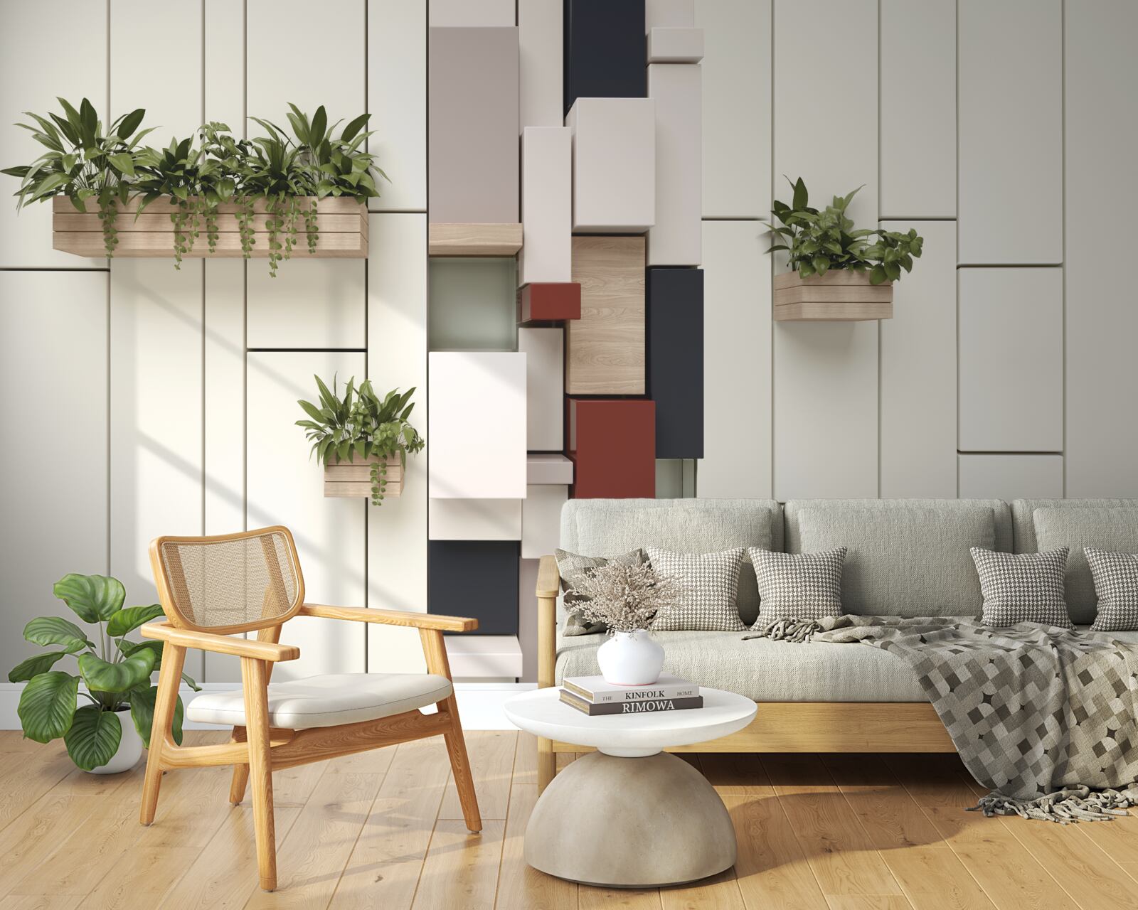 Fotobehang potten met groene planten aan de muur