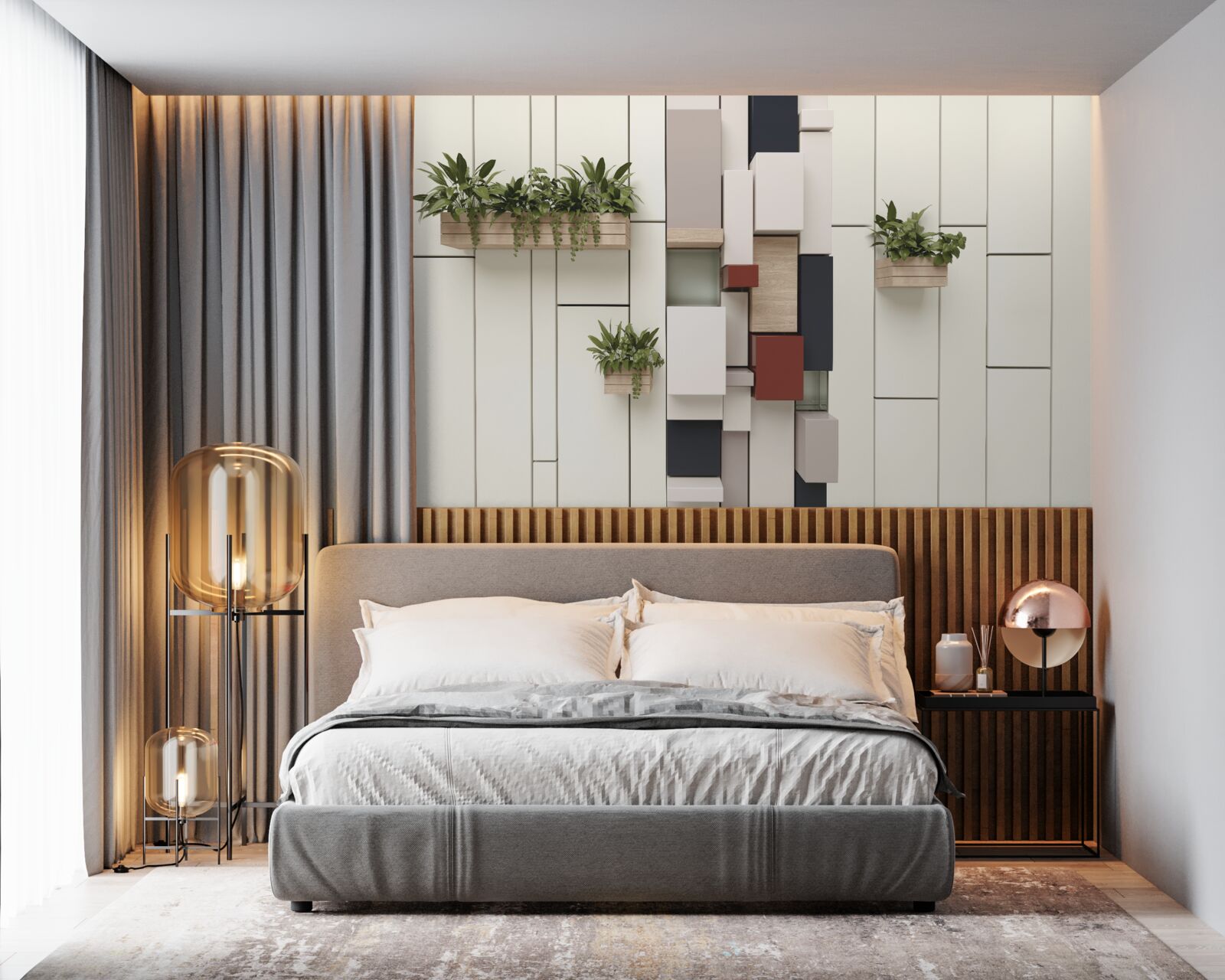 Fotobehang potten met groene planten aan de muur