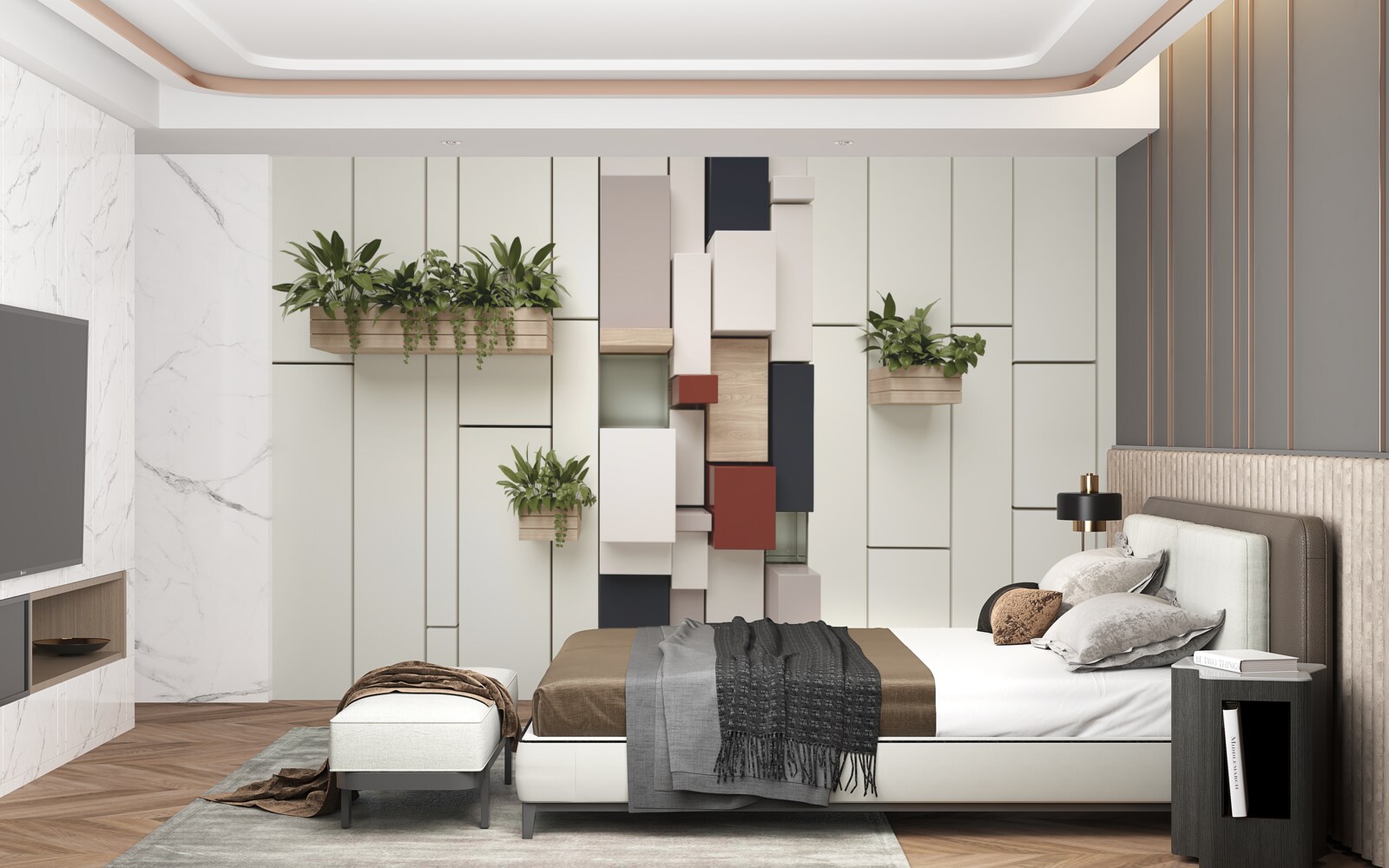 Fotobehang potten met groene planten aan de muur