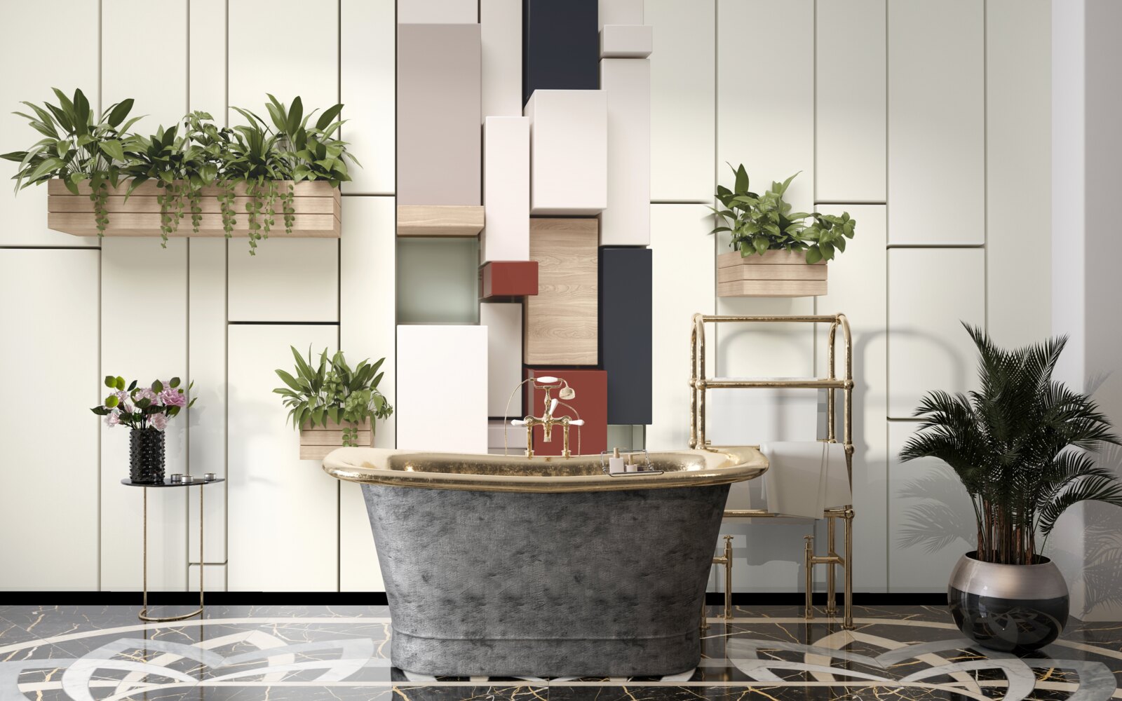 Fotobehang potten met groene planten aan de muur