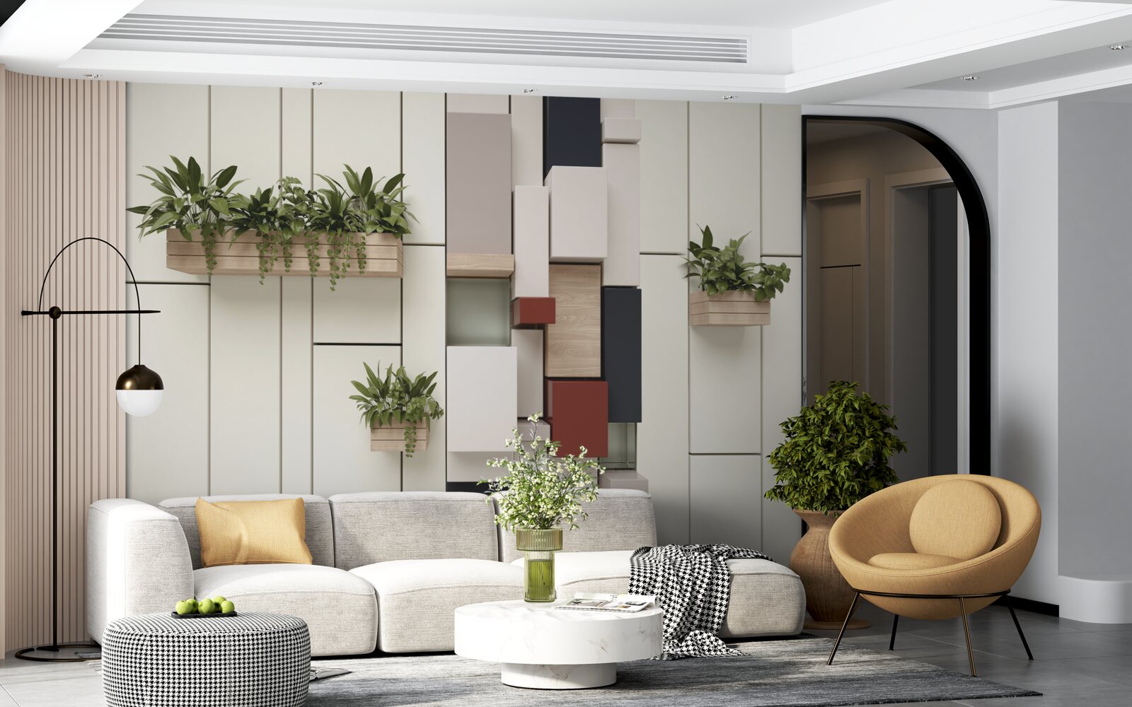 Fotobehang potten met groene planten aan de muur