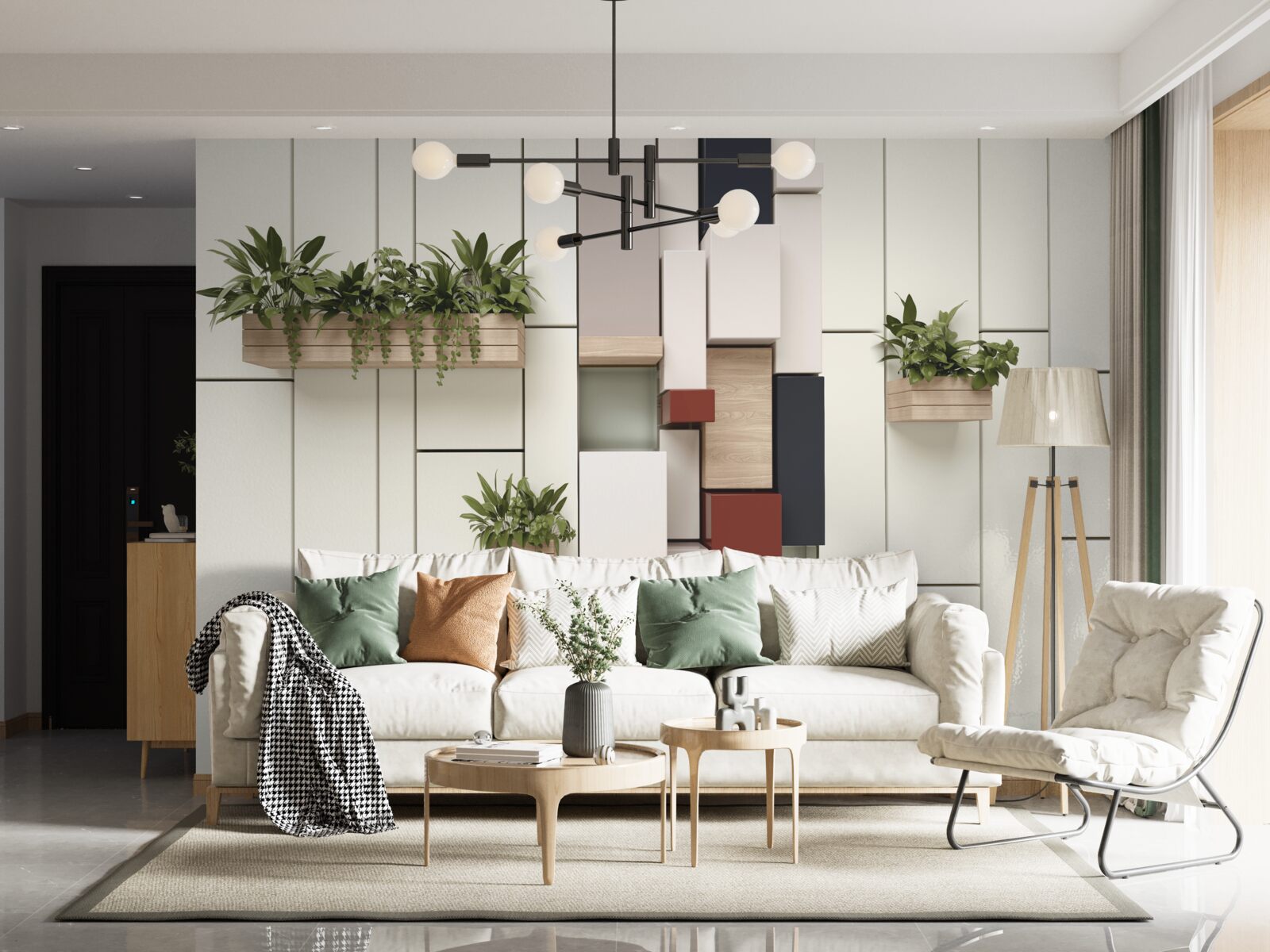 Fotobehang potten met groene planten aan de muur