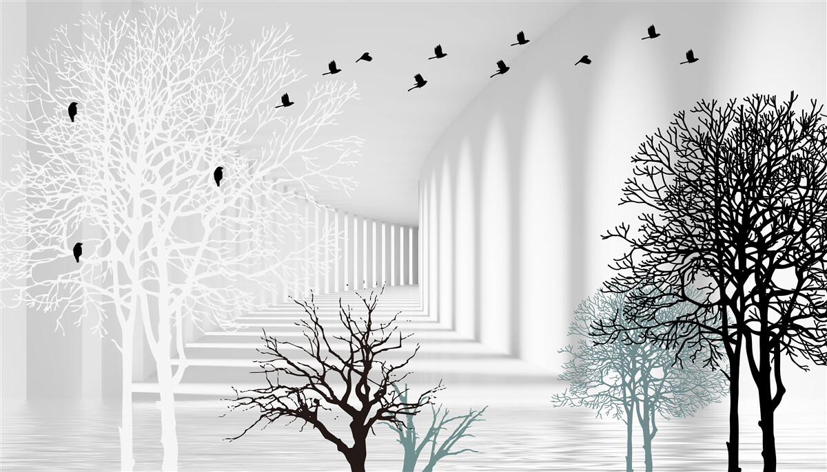 Fotobehang bomen die hun bladeren hebben laten vallen en vogels die wegvliegen met de komst van de herfst