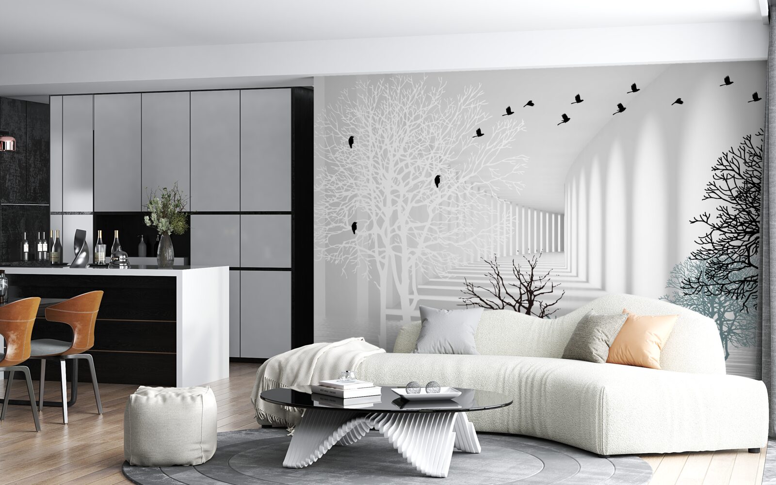 Fotobehang bomen die hun bladeren hebben laten vallen en vogels die wegvliegen met de komst van de herfst