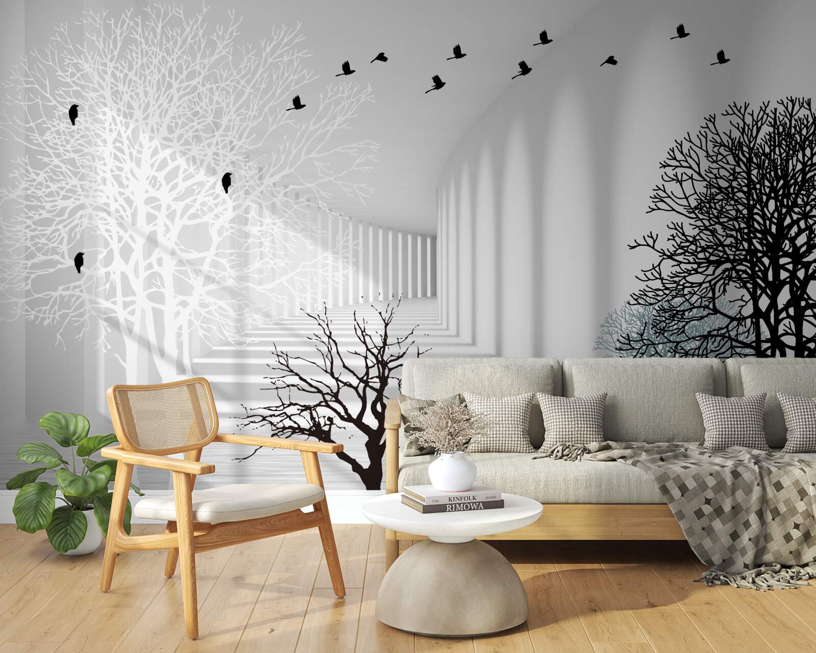 Fotobehang bomen die hun bladeren hebben laten vallen en vogels die wegvliegen met de komst van de herfst