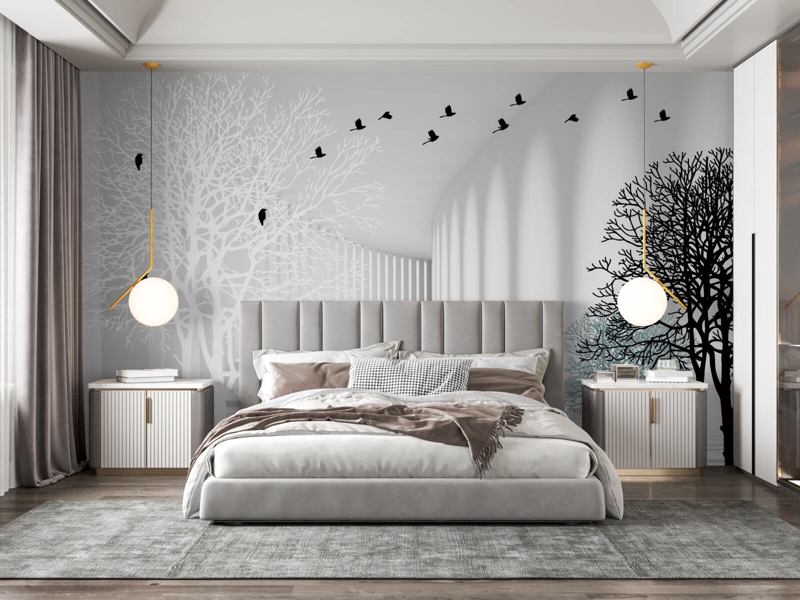 Fotobehang bomen die hun bladeren hebben laten vallen en vogels die wegvliegen met de komst van de herfst