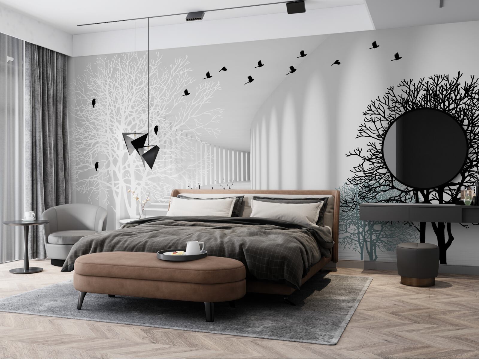 Fotobehang bomen die hun bladeren hebben laten vallen en vogels die wegvliegen met de komst van de herfst