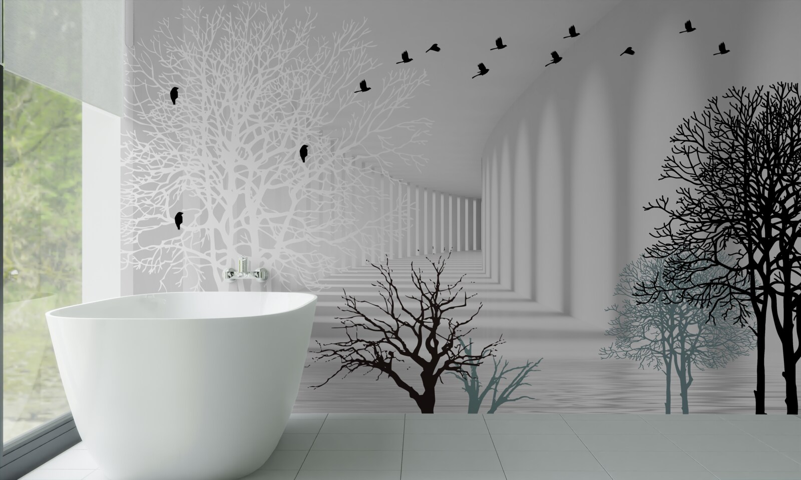 Fotobehang bomen die hun bladeren hebben laten vallen en vogels die wegvliegen met de komst van de herfst