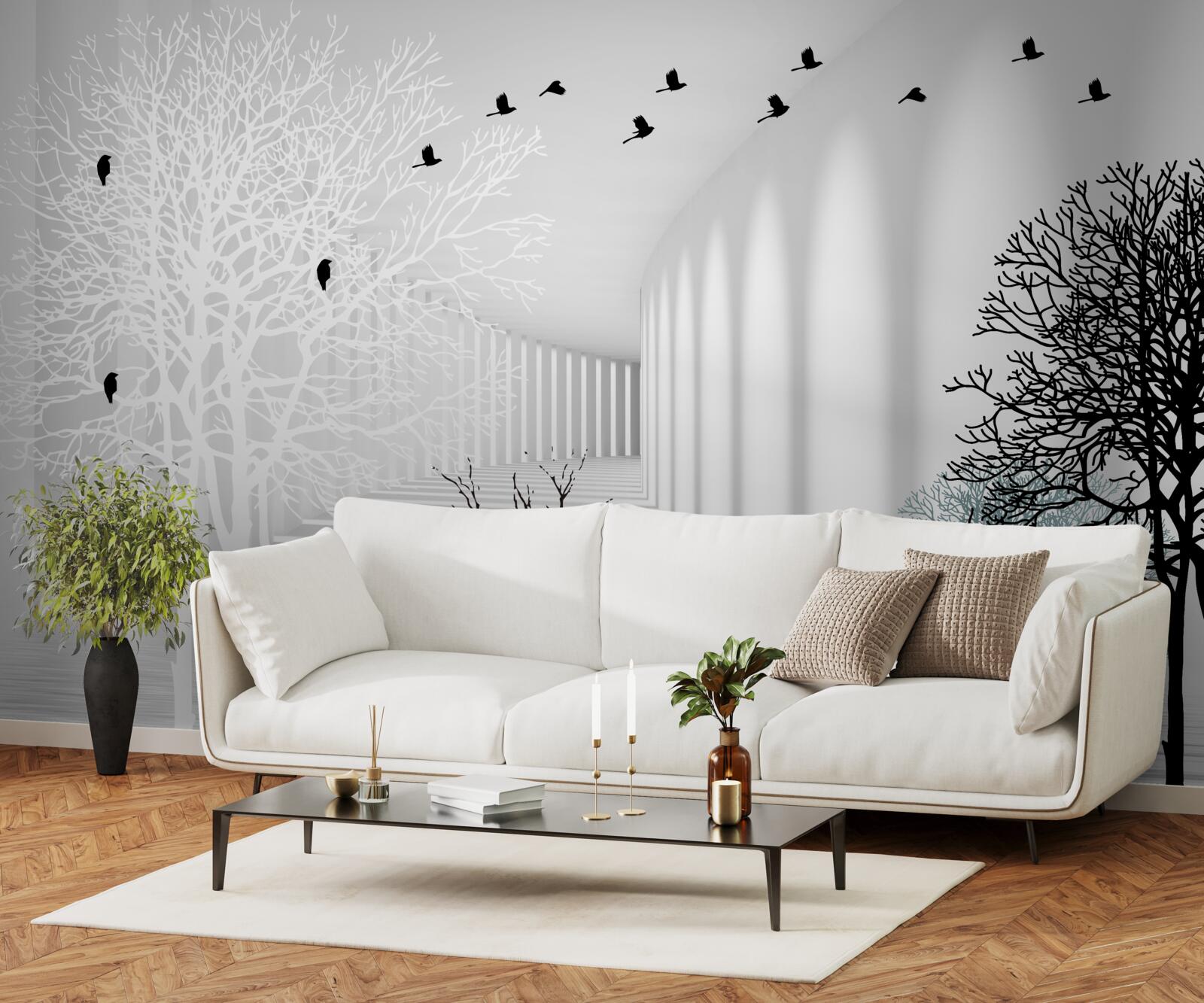 Fotobehang bomen die hun bladeren hebben laten vallen en vogels die wegvliegen met de komst van de herfst