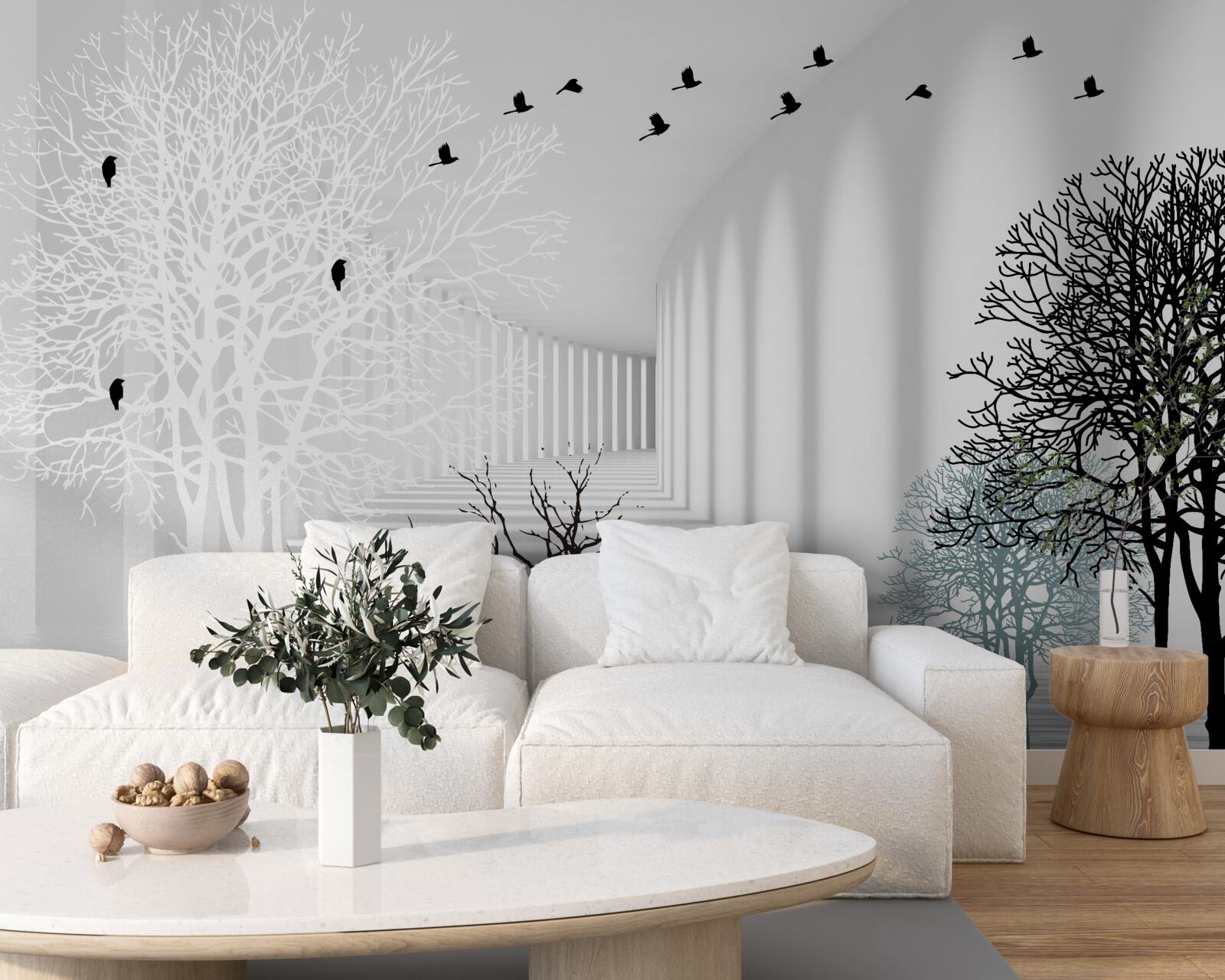 Fotobehang bomen die hun bladeren hebben laten vallen en vogels die wegvliegen met de komst van de herfst