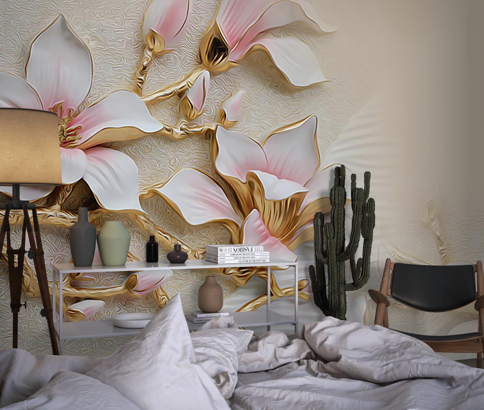 Fotobehang bloemen in roze en goudtinten