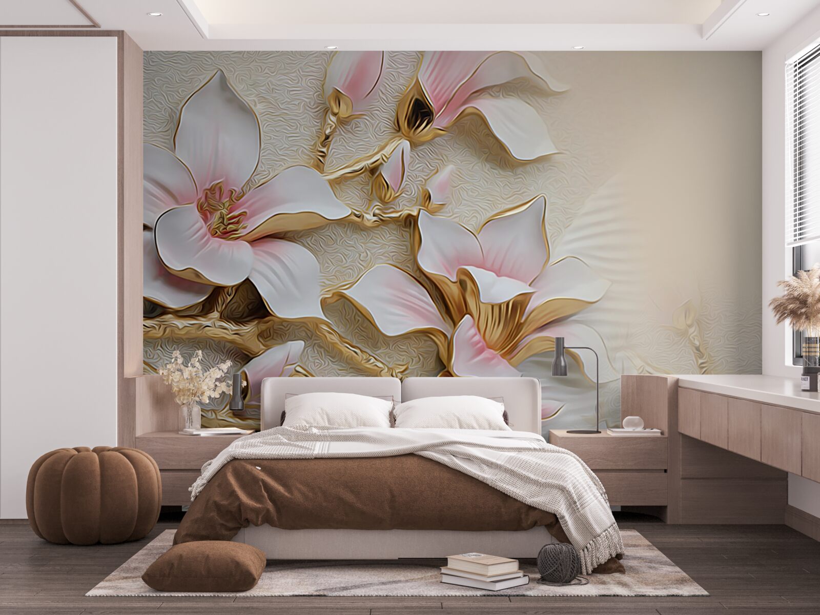 Fotobehang bloemen in roze en goudtinten