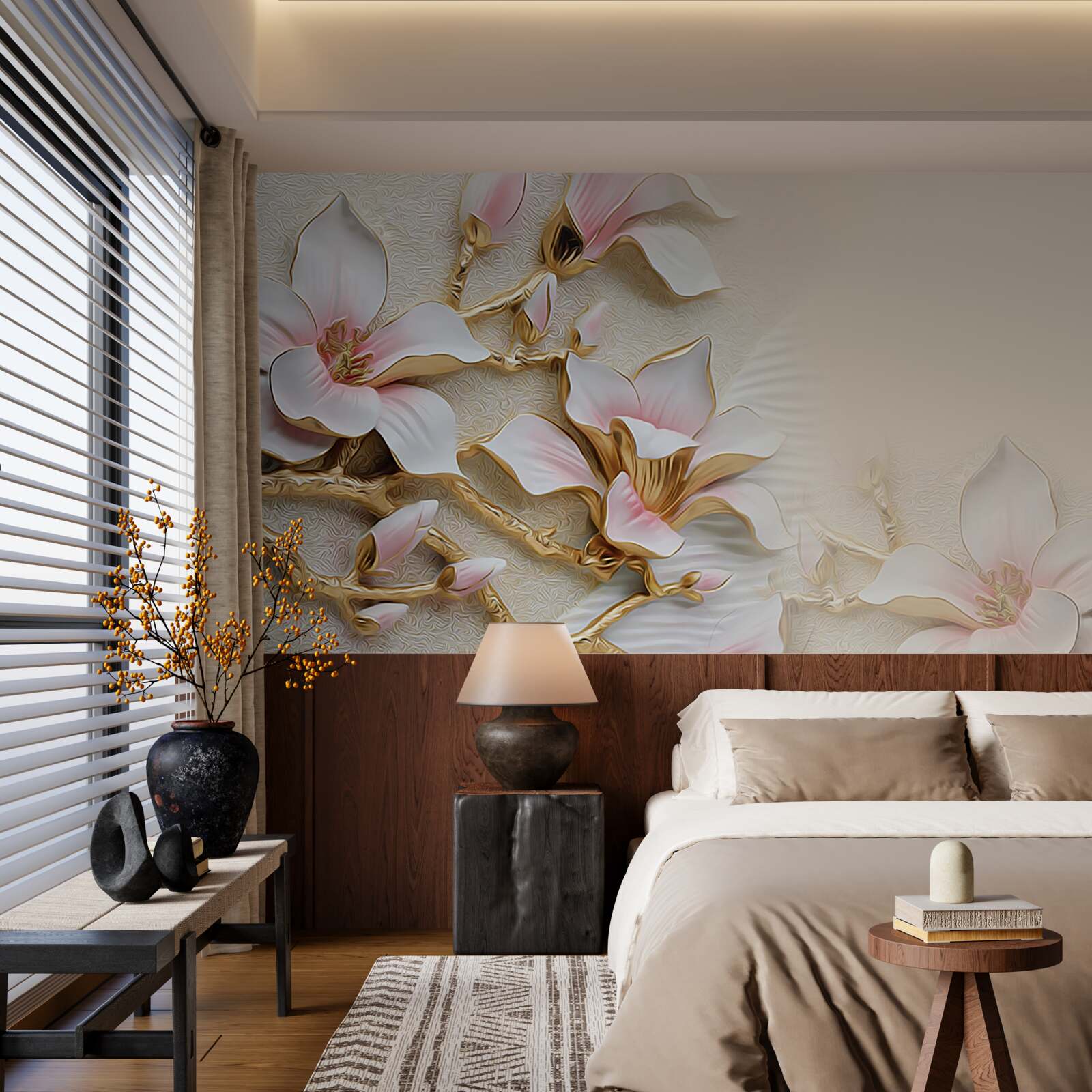 Fotobehang bloemen in roze en goudtinten