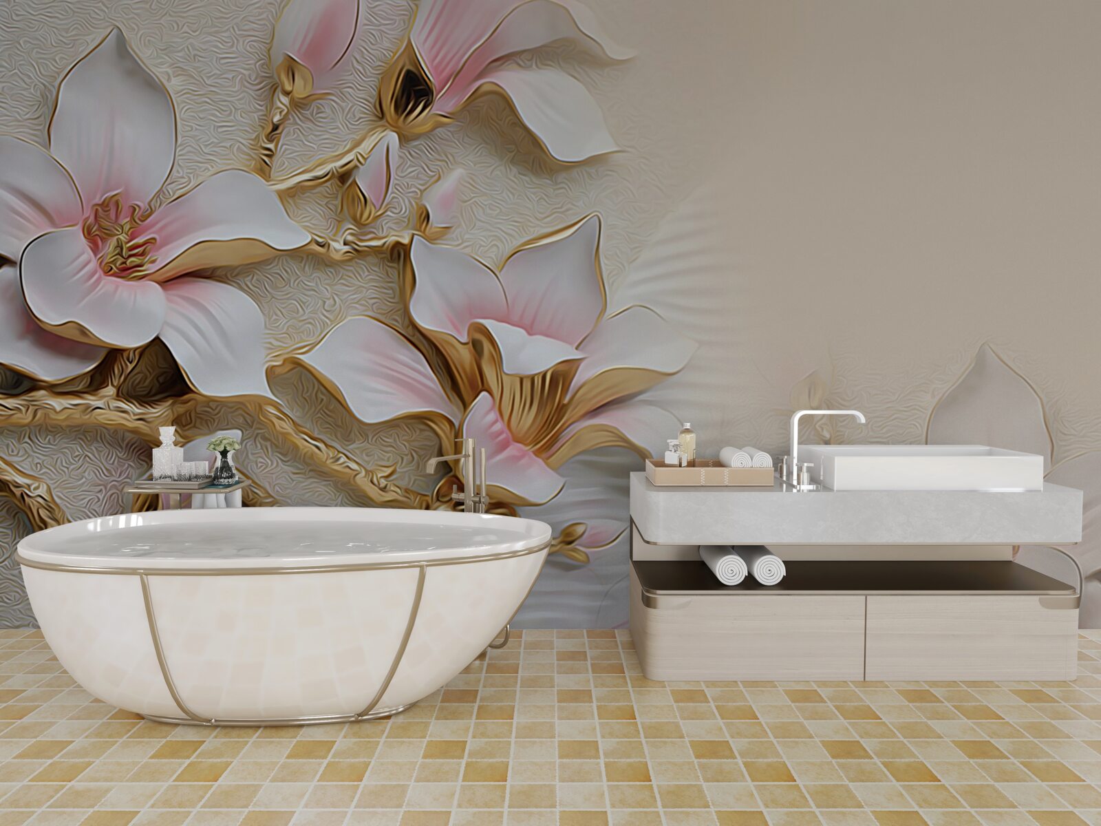 Fotobehang bloemen in roze en goudtinten