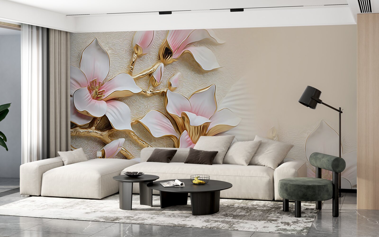 Fotobehang bloemen in roze en goudtinten