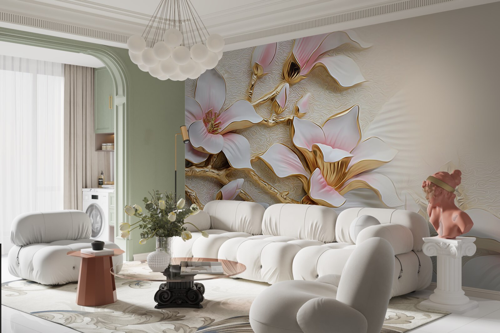 Fotobehang bloemen in roze en goudtinten